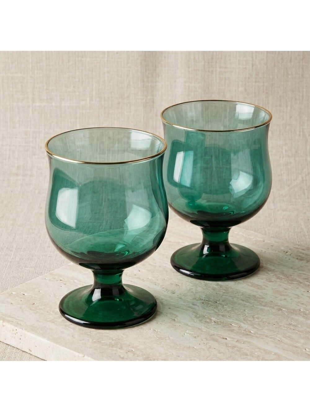Vintage Libbey Juniper Teal Green Gold Rimmed Footed Glasses Set of 2